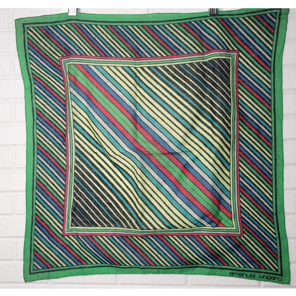 Vintage 1980s Emanuel Ungaro Square Cotton Scarf Green Geometric Mod Designer